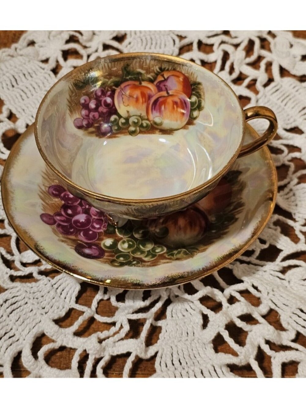 Vintage Royal Sealy Fine China Cup & Saucer Japan Gold Gild Fancy Feet W/Fruit